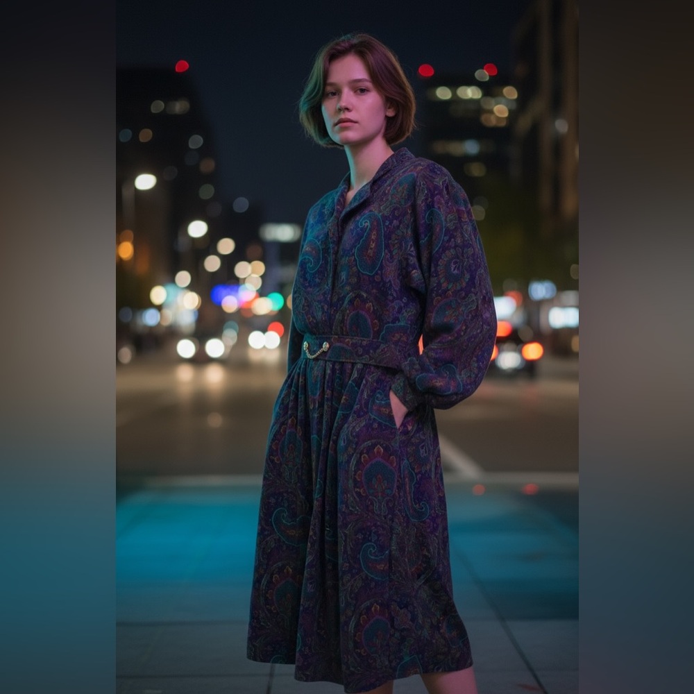 #456 Leslie Fay Vintage Long Sleeve Paisley Dress - Purple and Green